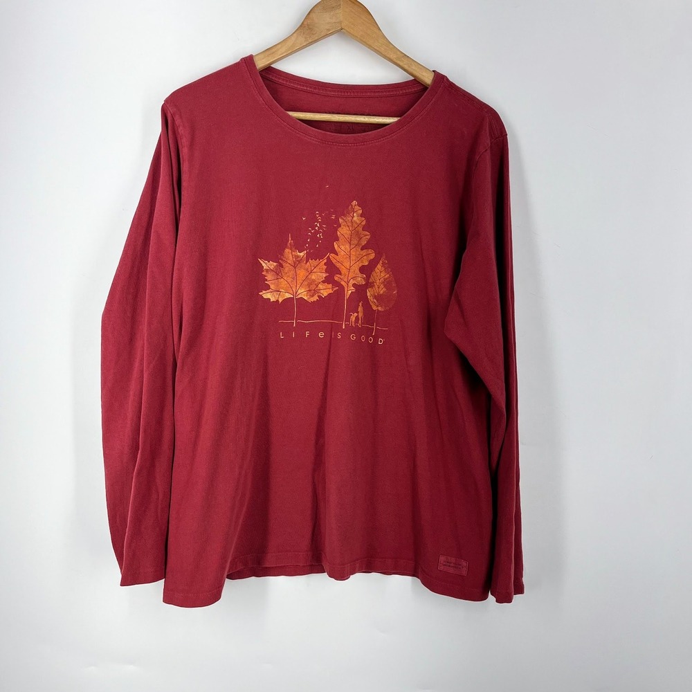 Life Is Good Mens XL Long Sleeve T-Shirt Burgundy Red Fall Leaves Dog Graphic